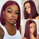 Chichi Blunt Cut Neck Length 13x4 Straight Bob Wig With Dark Red Burgundy Color